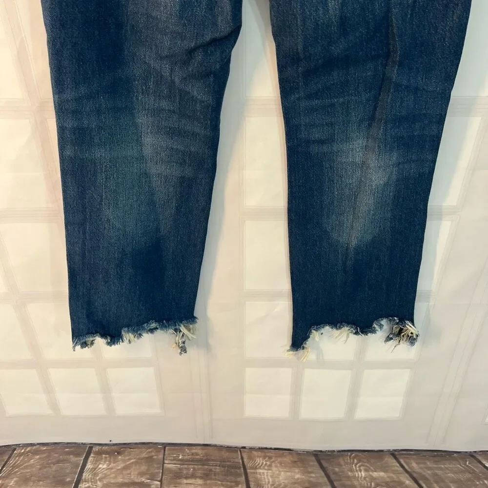 Free People Blue Maggie Whiskered Faded Cotton Cropped Raw Hem Jeans Size 26